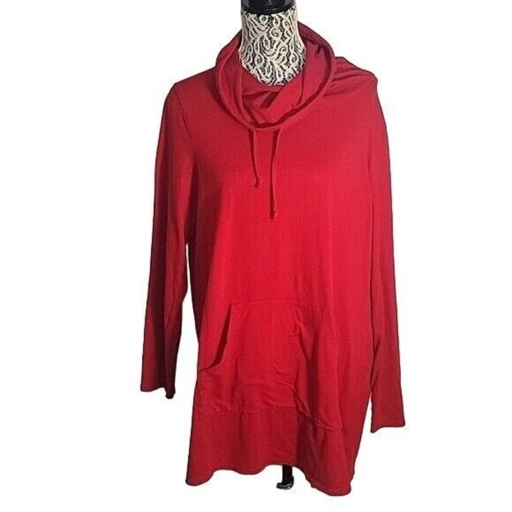 J JILL Cowl Neck Tunic Sweatshirt Pocket Long Sleeve Red Pullover XL Beach Comfy